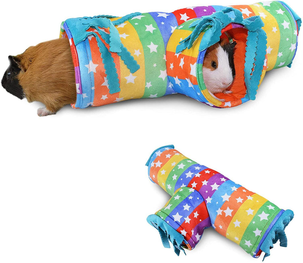 Guinea Pig Tunnel-HOMEYA Guinea Pig Hideout,Collapsible 3 Way Hamster Play Tubes with Fleece Forest Curtain,Small Animal Pet Toys and Cage Accessories for Rabbit Bunny Ferret Rat Hedgehog-L