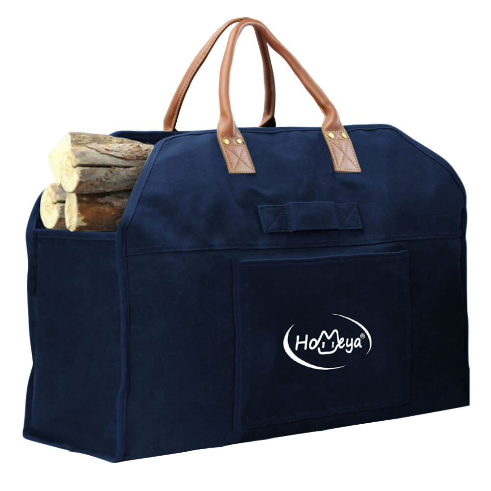 Firewood Log Carrier | Waxed Canvas Firewood Tote Bag with Leather Handle| Heavy Duty Fireplace Wood Holder Stove Accessories Fireside Storage Bag