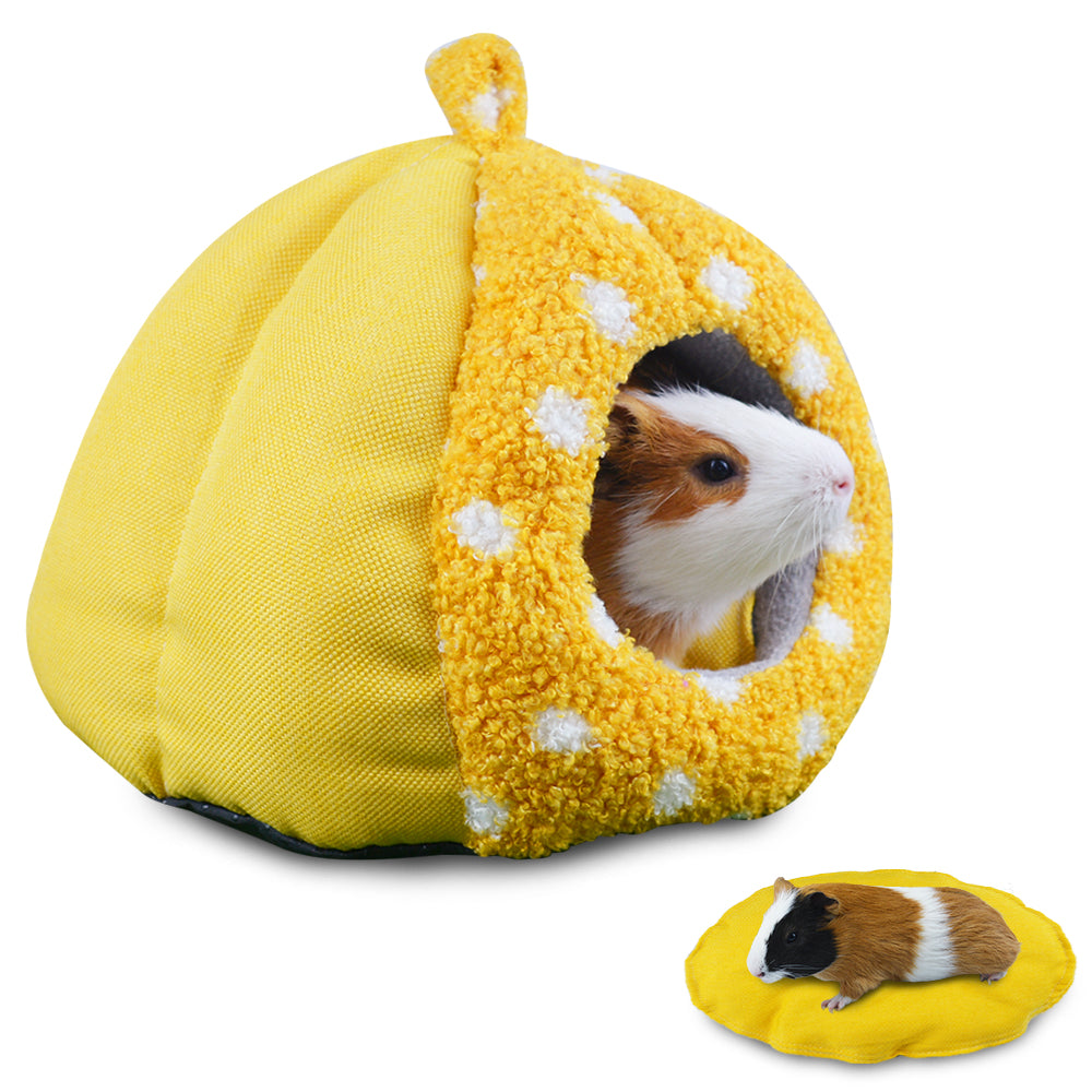 HOMEYA Guinea Pig Bed, Hamster Hideout Small Animal Cage Accessories Supplies, Semi-enclosed Winter Christmas Large Pumpkin Nest with Removable Mat for Rat Hedgehog Sugar Glider and Chinchilla-Yellow