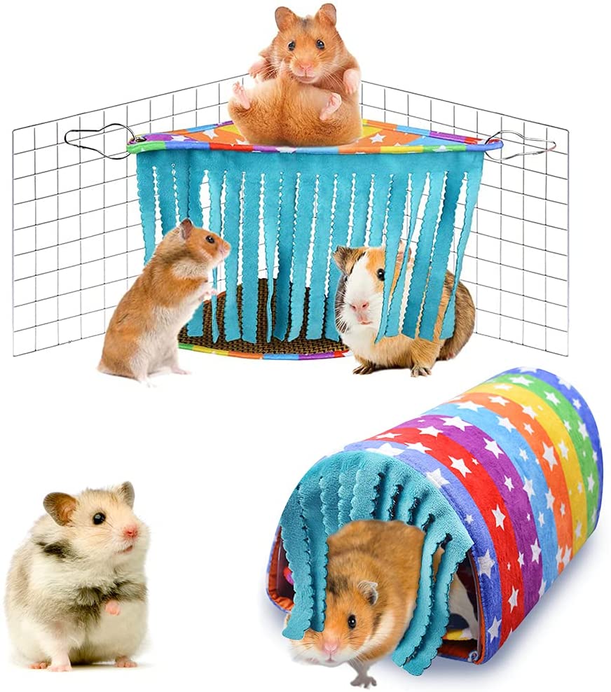 HOMEYA Small Animal Rainbow Hammock and Hamster Hideout Tunnel, Hanging Hideaway Corner House Toys Cage Accessories, Removable & Reversible Sleeping Bed for Guinea Pig Ferret Rat and Chinchilla