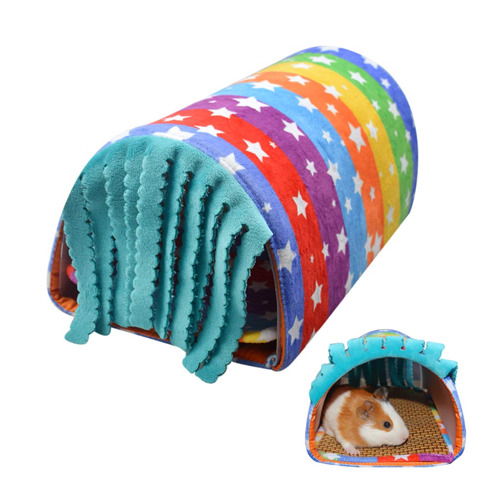 Pet Small Animal Tunnel,HOMEYA Guinea Pig Hideout Play Tube Toys Hideaway Bedding with Fleece Forest Curtain for Chinchillas,Hedgehogs,Rats,Sugar Glider-Removable Two Side Pad Cage Accessories-Rainbow