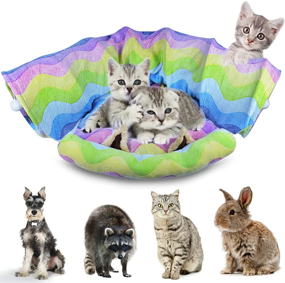 HOMEYA Cat Dog Tunnel Bed with Mat, Collapsible 3 Way Cat Tube Condo Play Toy with Peek Hole Fun Ball Indoor Outdoor Interactive Hideout Exercising House Toys for Pet Kittens Kitty