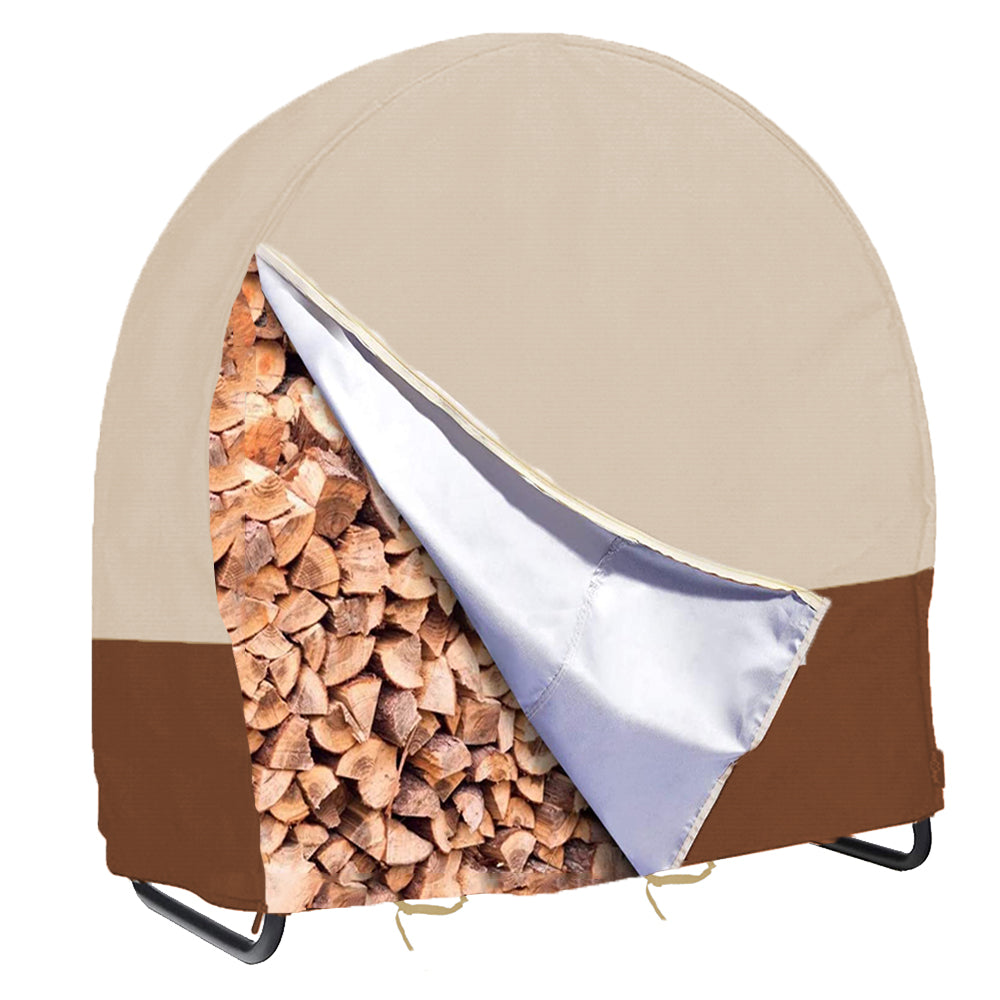 Firewood Log Hoop Cover | Log Ring Rack Cover | Beige 420D Oxford Waterproof Wood Storage Holder Cover with Zipper & Adjustable Buckle